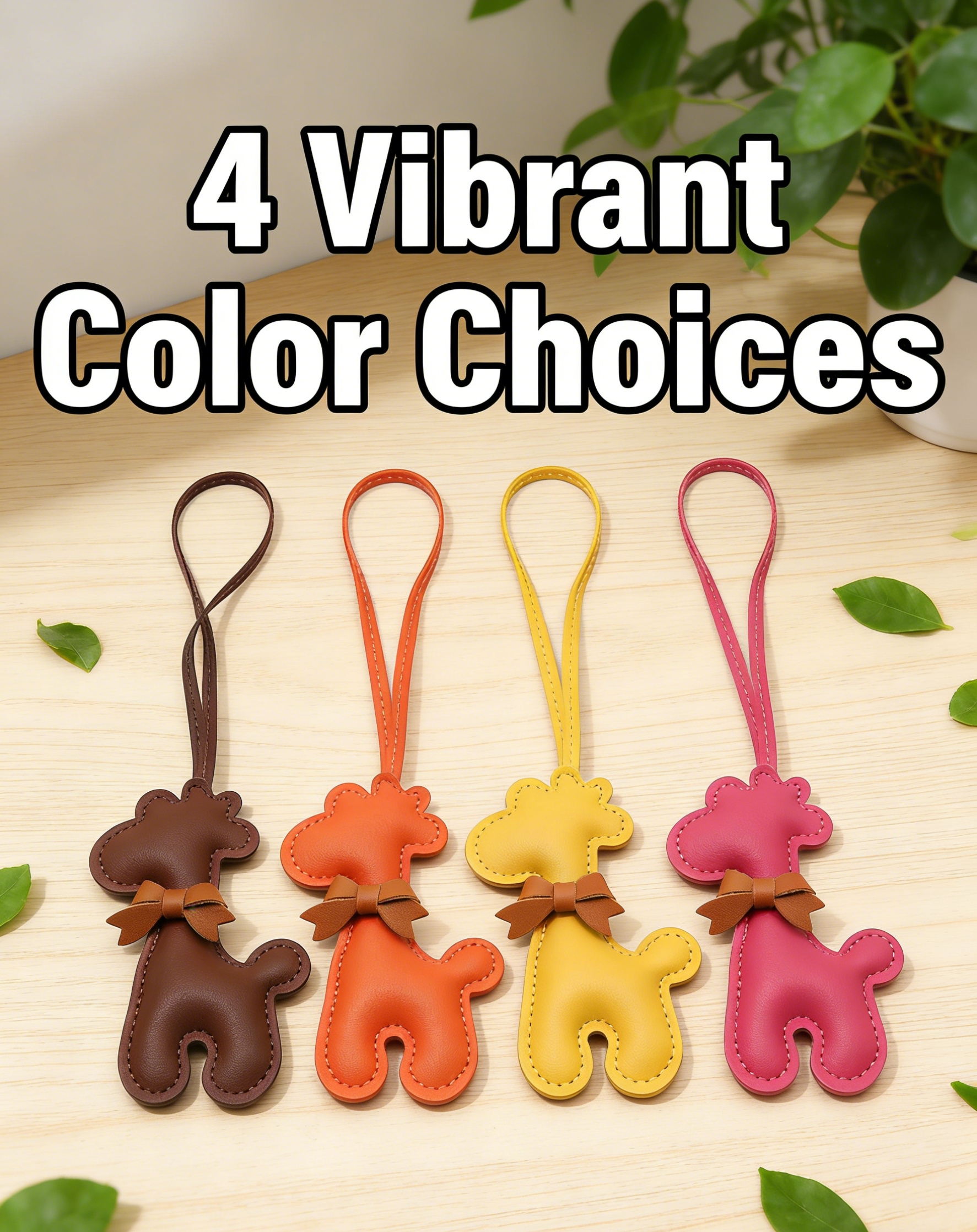 OEM ODM Cute Giraffe PU Leather Keychain Set of 4, Kawaii Animal Bag Charm with Bow, Fashion Key Ring Pendant for Women Girls