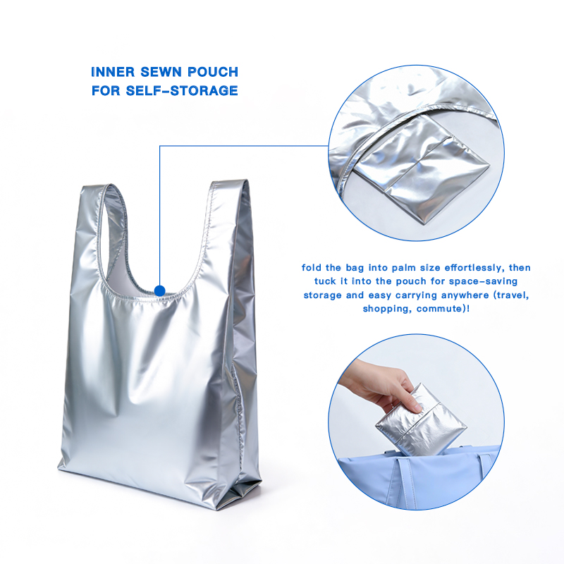 Custom Logo Eco-Friendly Folding Tote Bags Recyclable RPET Polyester Metallic Fabric Heat Transfer Screen-Printed Shopping Bag
