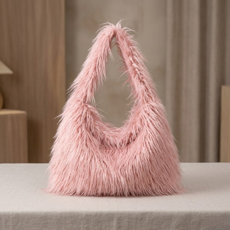 Women Soft Plush Pink Faux Sheep Fur Tote Bag for Winter Use