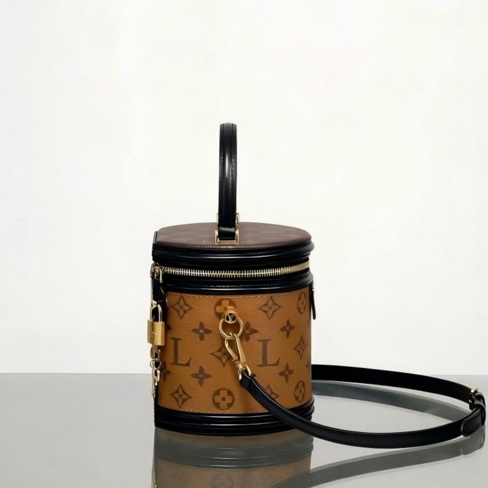 Designer Inspired Brown Monogram Boite Chapeau Bag with Top Handle and Adjustable Shoulder Strap, Luxury Leather Cylinder Purse