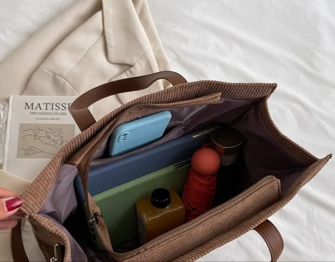 Corduroy Tote Bag with Work Essentials