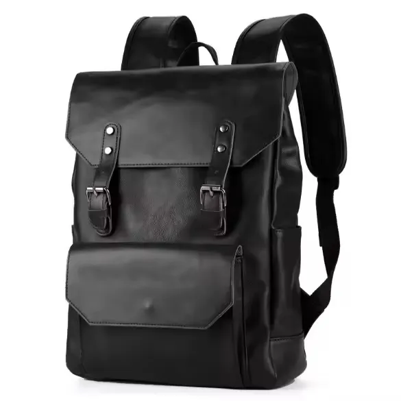 Vintage Vegan Leather Bags Men Luxury Backpack 14.5 Inch Laptop School Bags Female 25L Black PU