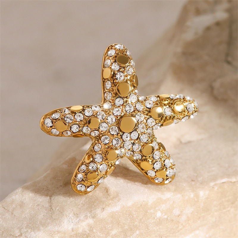 Premium Starfish Diamond Ring Niche Design Fashion Jewelry Stainless Steel Metal Ring Jewelry