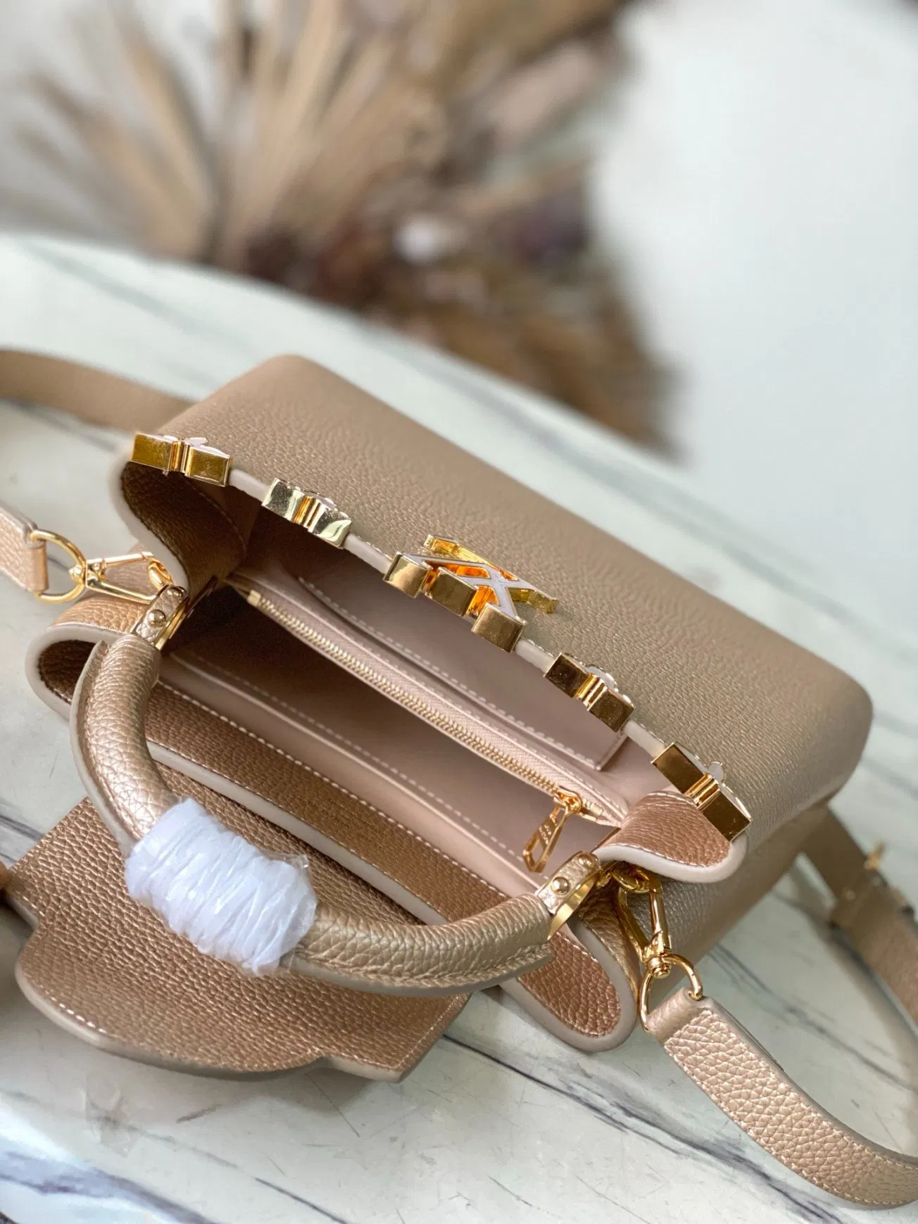 Champagne Gold Grain Leather Satchel Top Handle Crossbody Handbag for Women