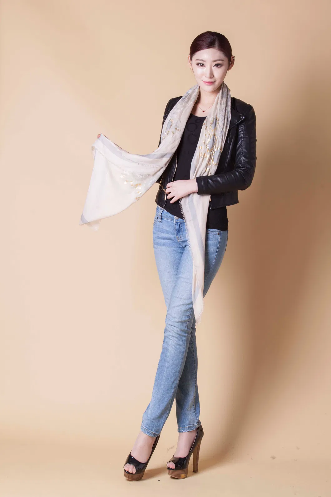 Ladies Fashion Premium Wool Woven Fashion Digital Printed Glitter Scarf Shawl
