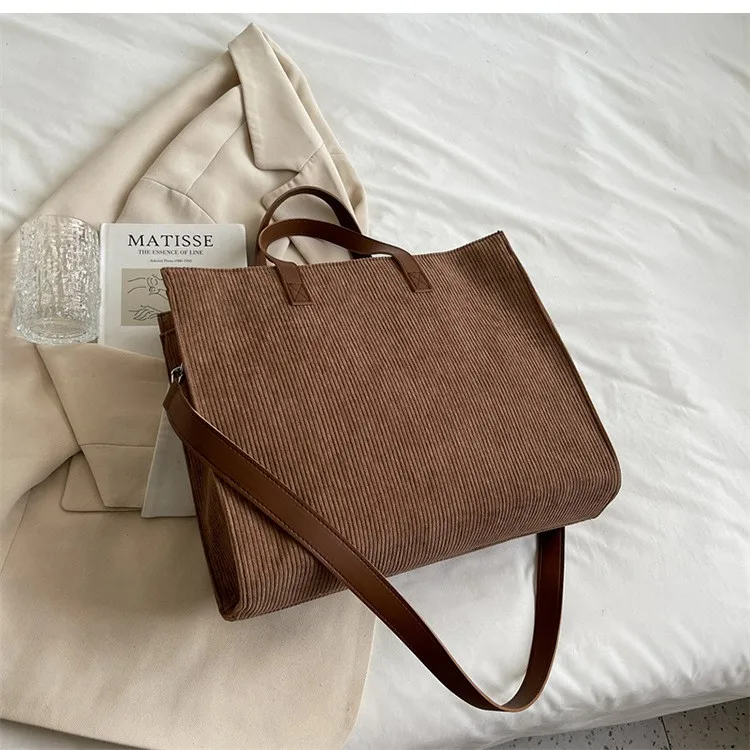 Corduroy Tote Bag with Work Essentials