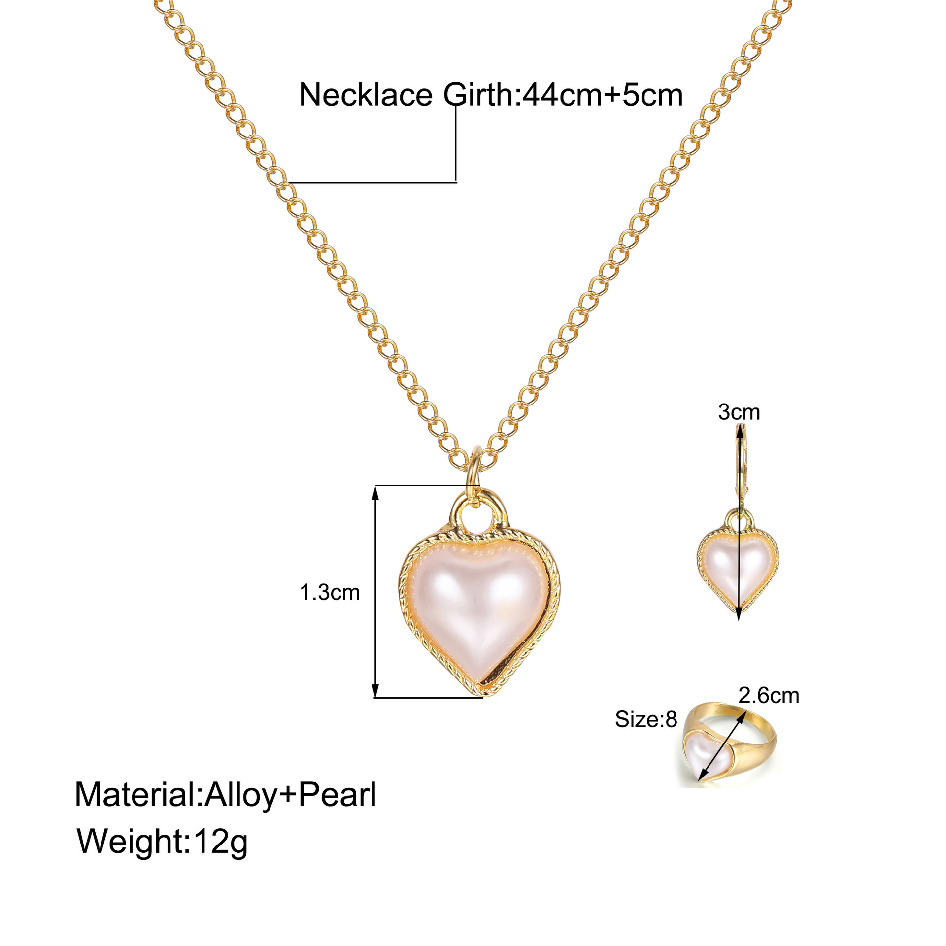 Simple Design Pearl Heart Pendant Necklace Women's Jewelry Set Fashion French Ladies Ring Earrings Necklace 3 Pcs Accessories