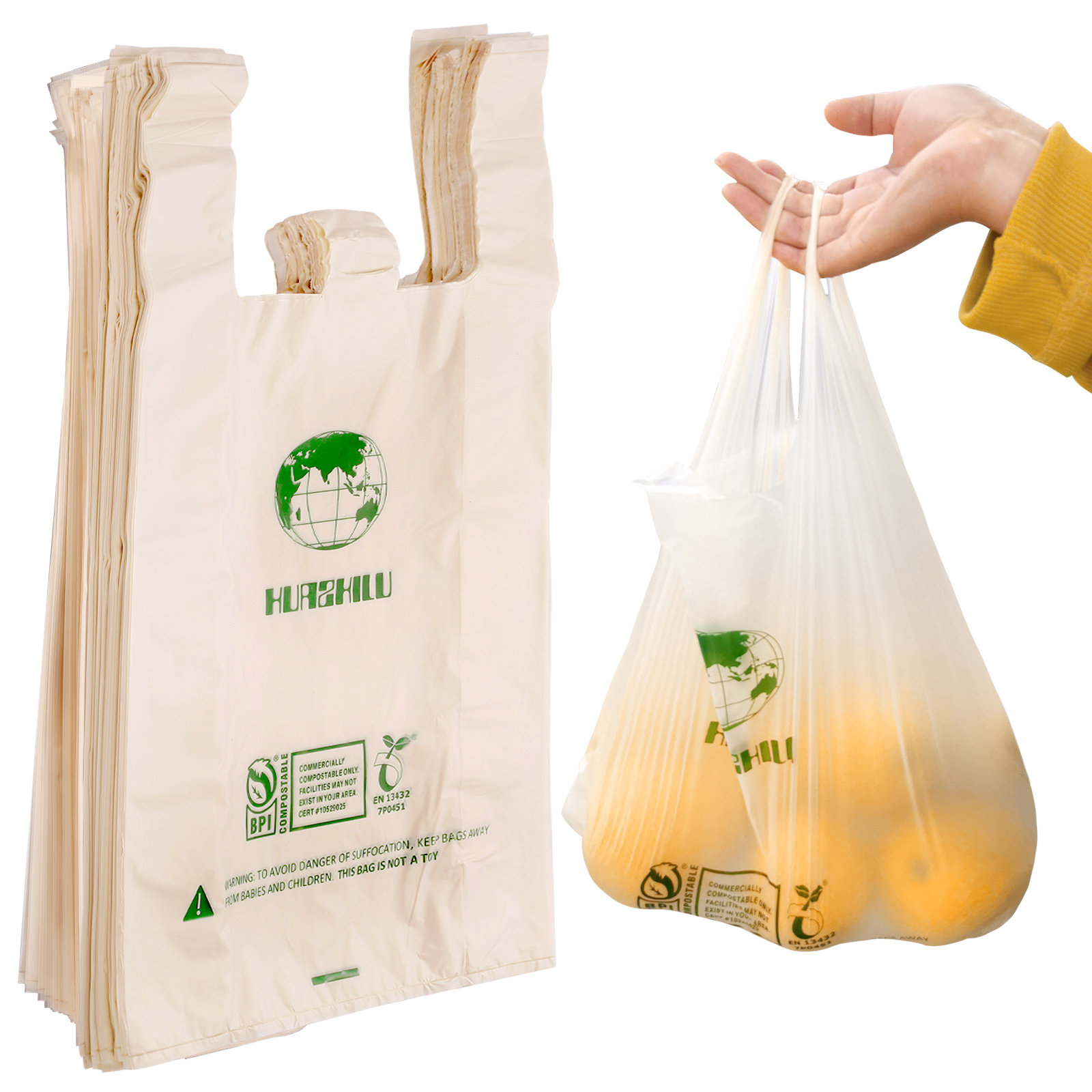 High Quality Custom Printed Cornstarch Based Durable Biodegradable Compostable T-shirt Bags