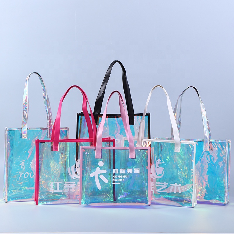 Custom Logo Luxury Large Handbags for Women New Design Tote Bag Pvc Custom Logo Iridescent Holographic Tote