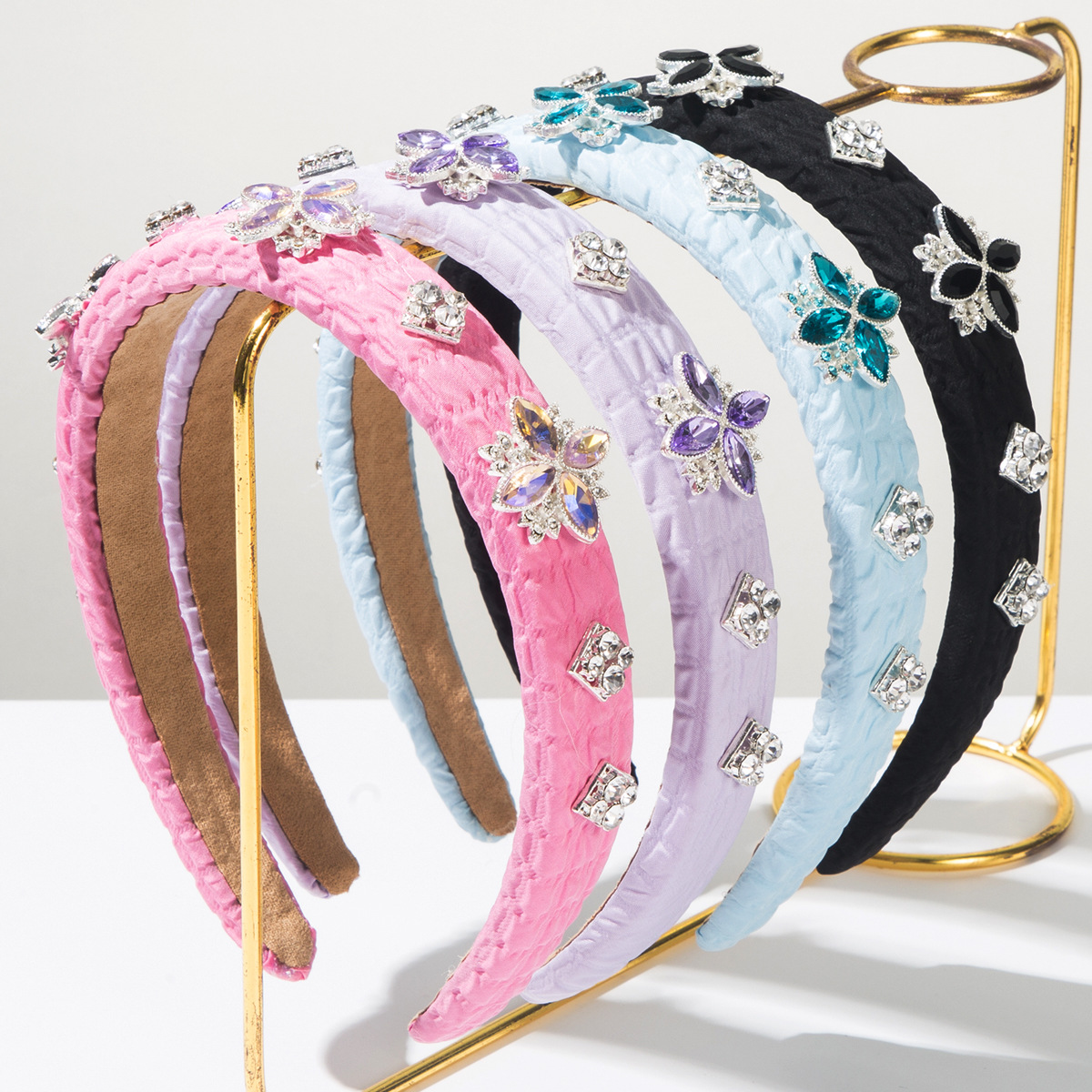 French Style Fashionable Women's Headband Elegant Pleated Fabric with Delicate Colourful Diamonds Beautiful Hair Accessories