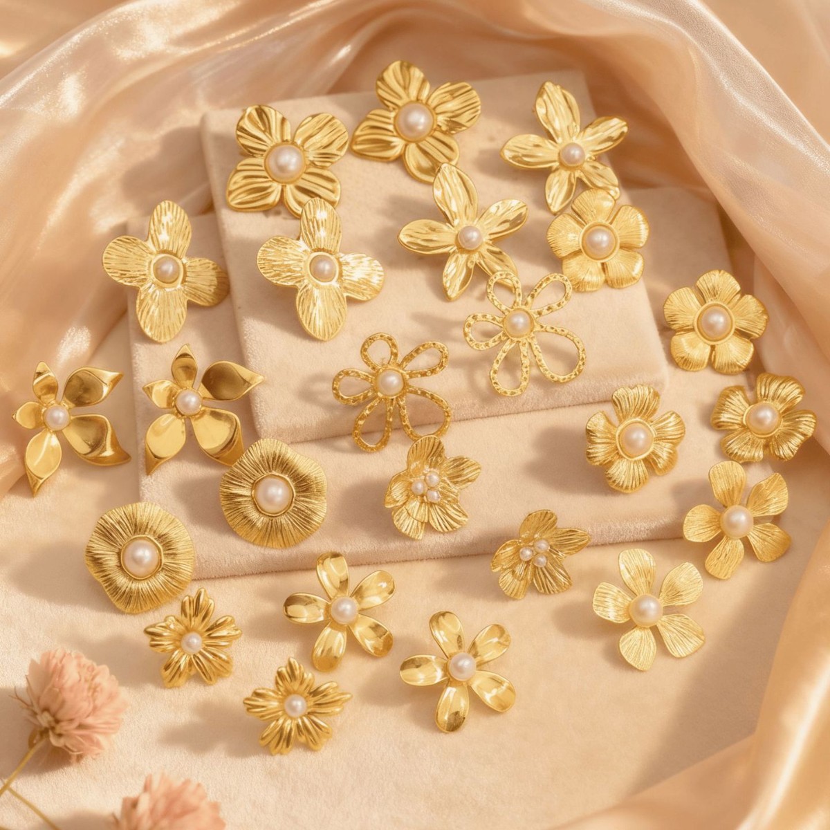 HL OEM/ODM Trendy Flower Retro Style Imitation Pearl High-End Feeling 18K Gold Plated Stainless Steel Stud Earrings