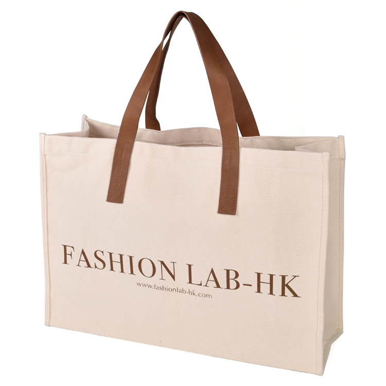 Custom New Fashion Canvas Cotton Shopping Bag Large Canvas Tote Bag With Leather Straps Handle
