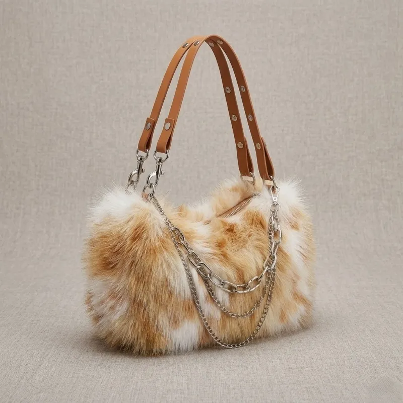 Women Soft Plush Pink Faux Sheep Fur Tote Bag for Winter Use