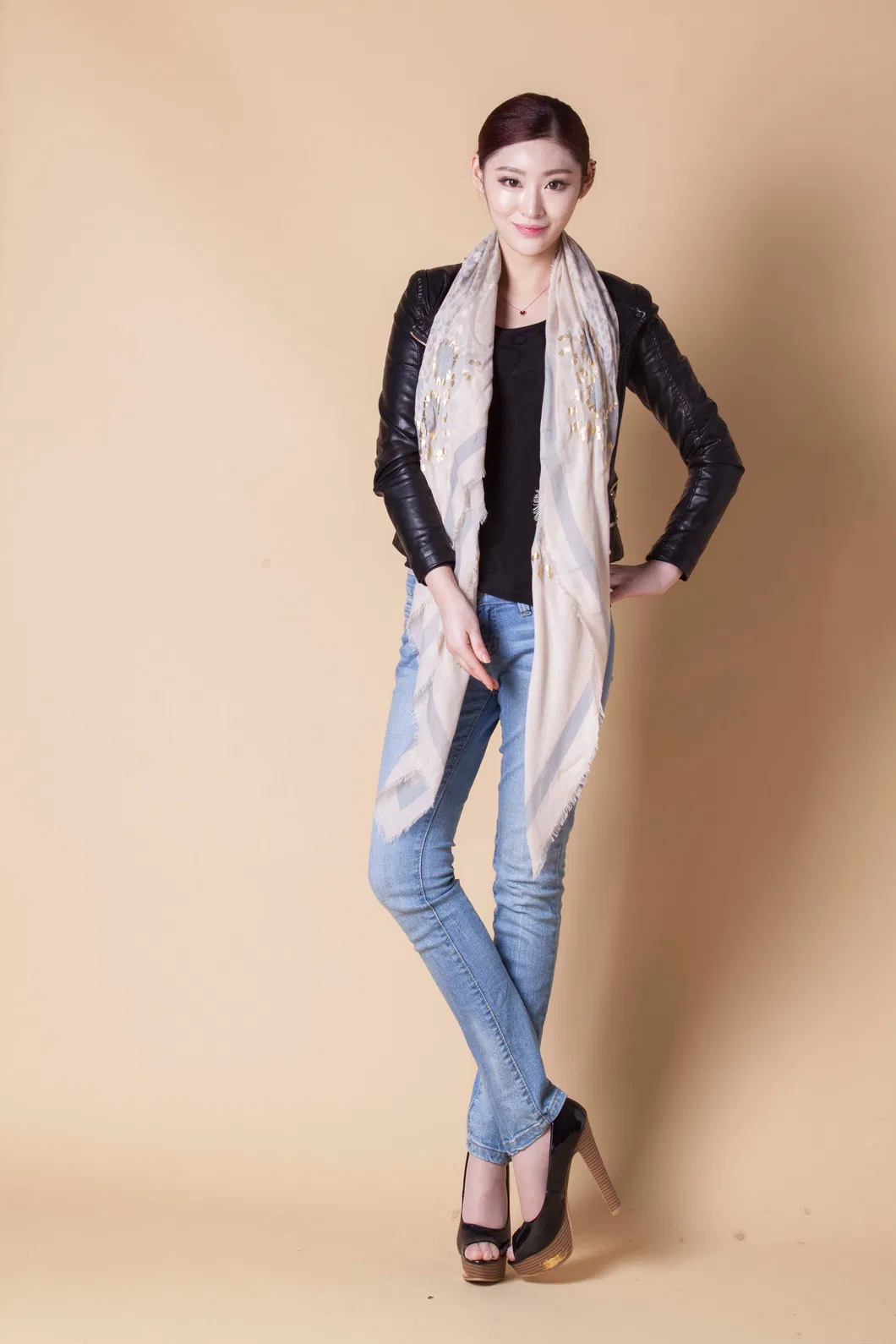 Ladies Fashion Premium Wool Woven Fashion Digital Printed Glitter Scarf Shawl