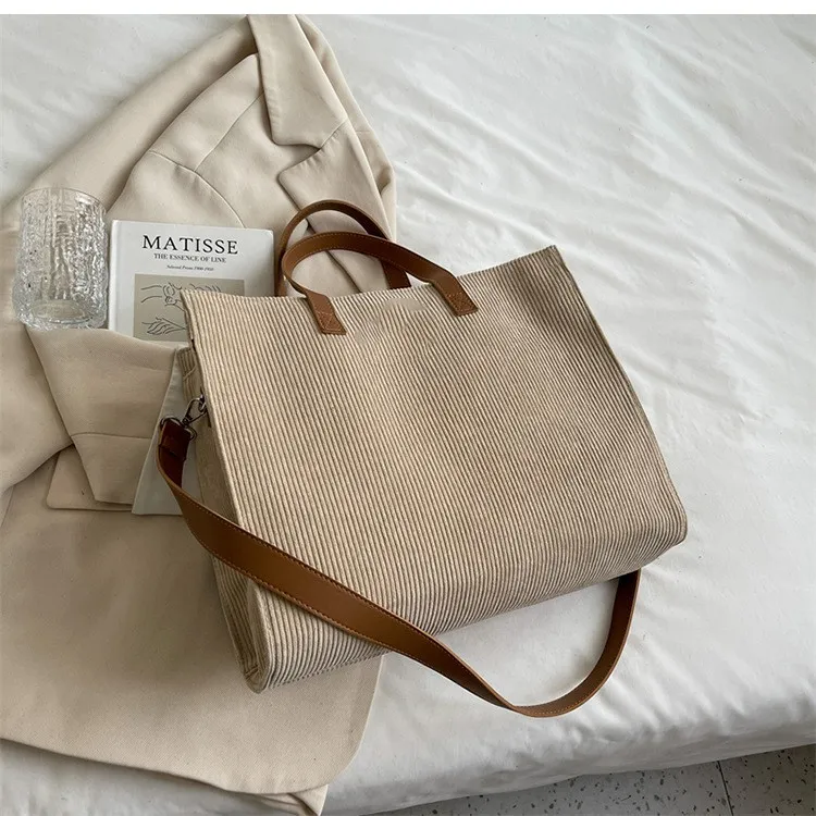Corduroy Tote Bag with Work Essentials