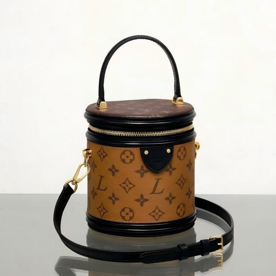 Designer Inspired Brown Monogram Boite Chapeau Bag with Top Handle and Adjustable Shoulder Strap, Luxury Leather Cylinder Purse