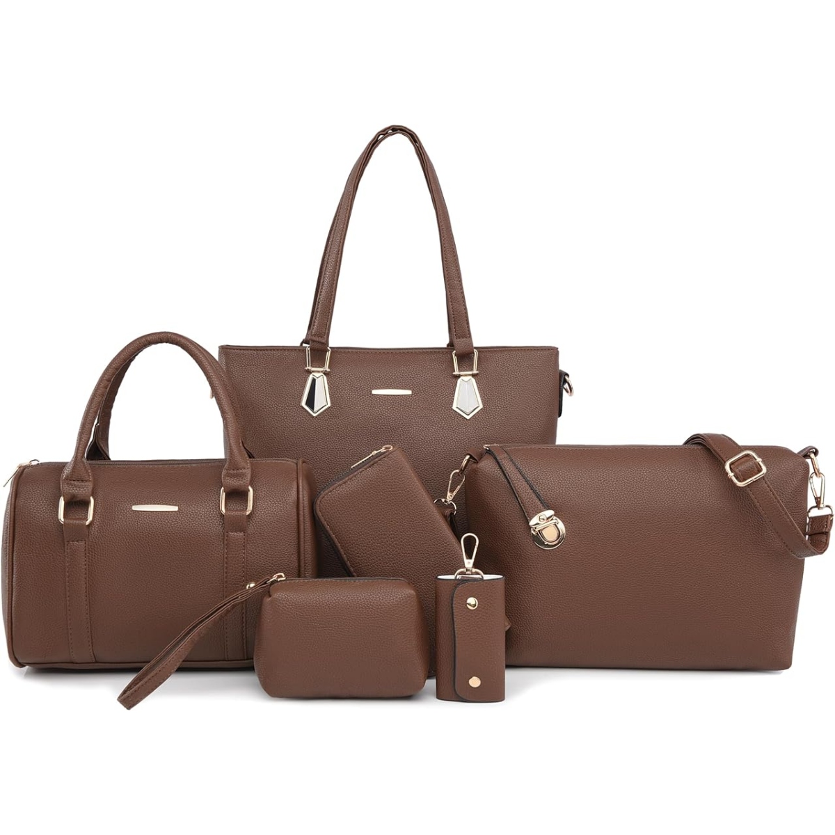 Luxury Genuine Cowhide Ladies Tote Purse Shoulder Bag Crossbody Clutch Wallet Makeup Pouch Key Case Full Set Stripe Durable