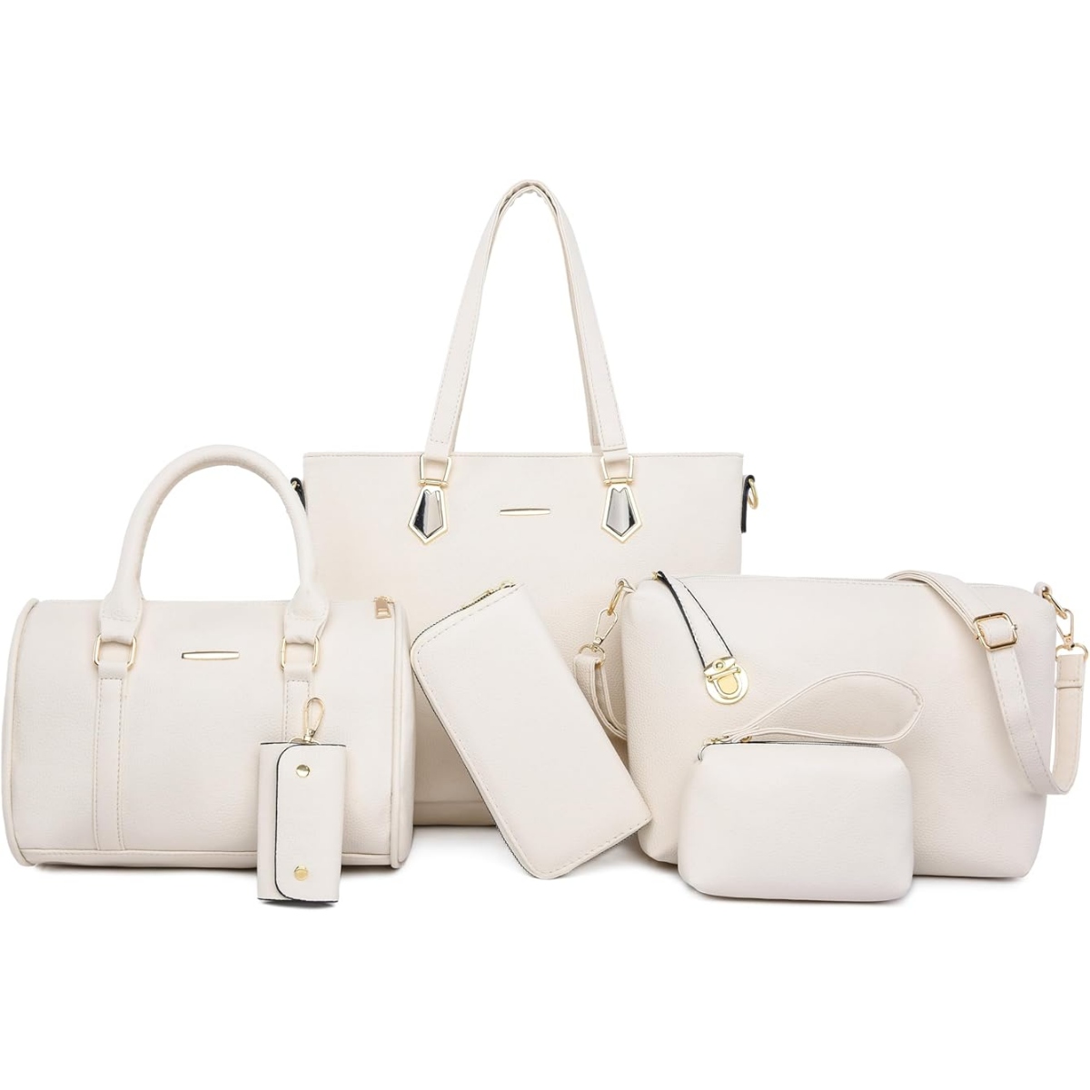 Luxury Genuine Cowhide Ladies Tote Purse Shoulder Bag Crossbody Clutch Wallet Makeup Pouch Key Case Full Set Stripe Durable