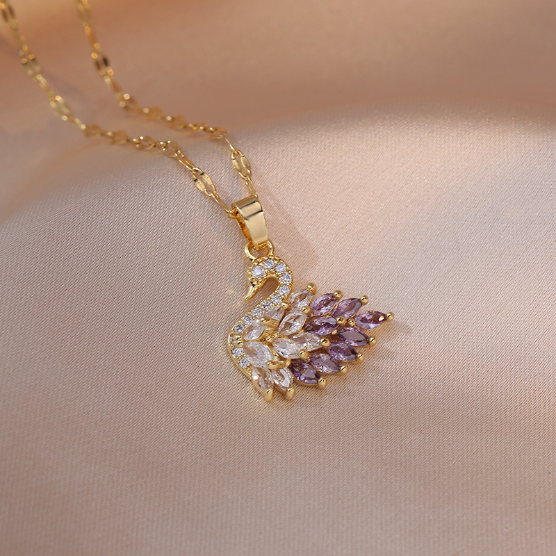 Women's Trendy Stainless Steel Swan Pendant Necklace with Full-Color Cubic Zirconia Gold Plated Key Shape for Daily Wear