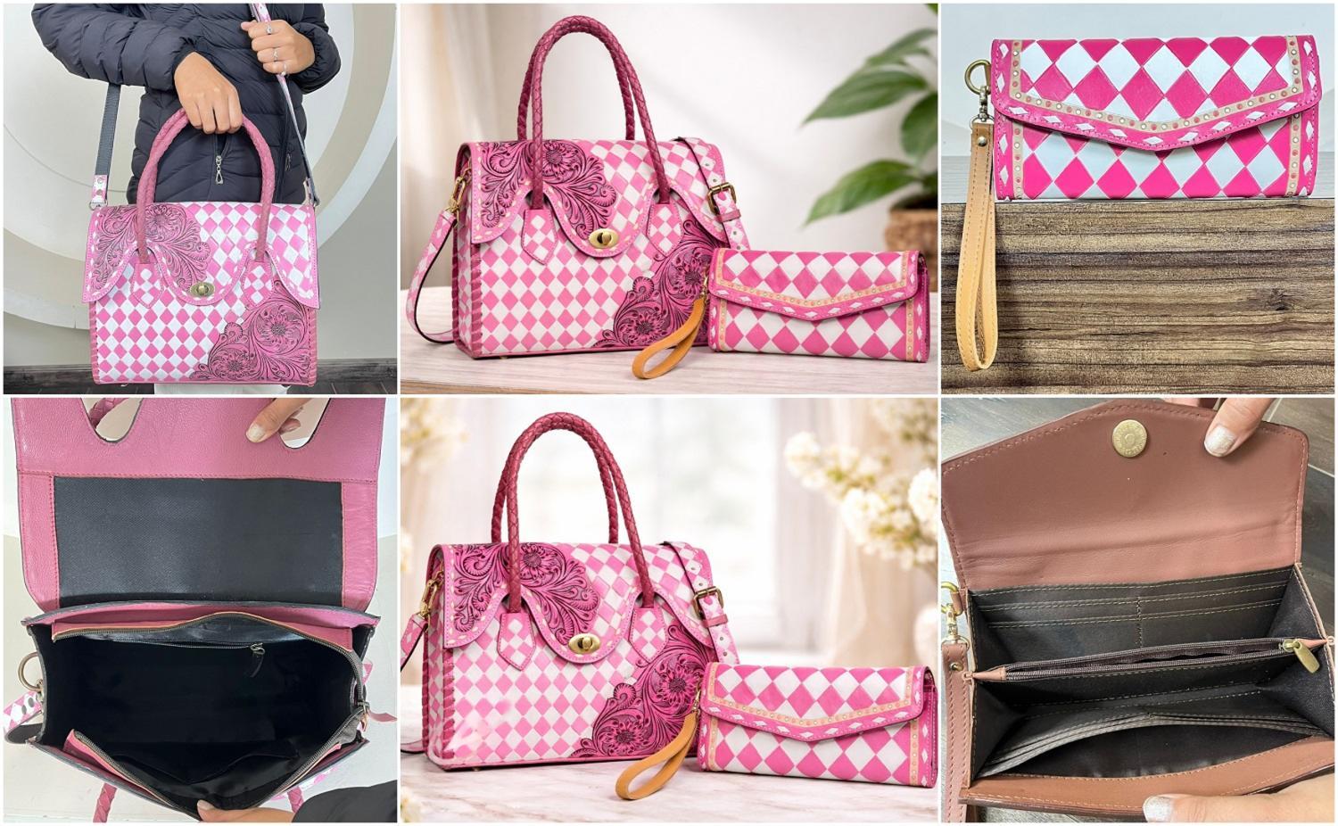 2026 Luxury New Pink &amp; White Checkered Leather Tote Bag &amp; Hand Tooled Cow Leather Wristlet Clutch Matching 2-Piece Combo Set