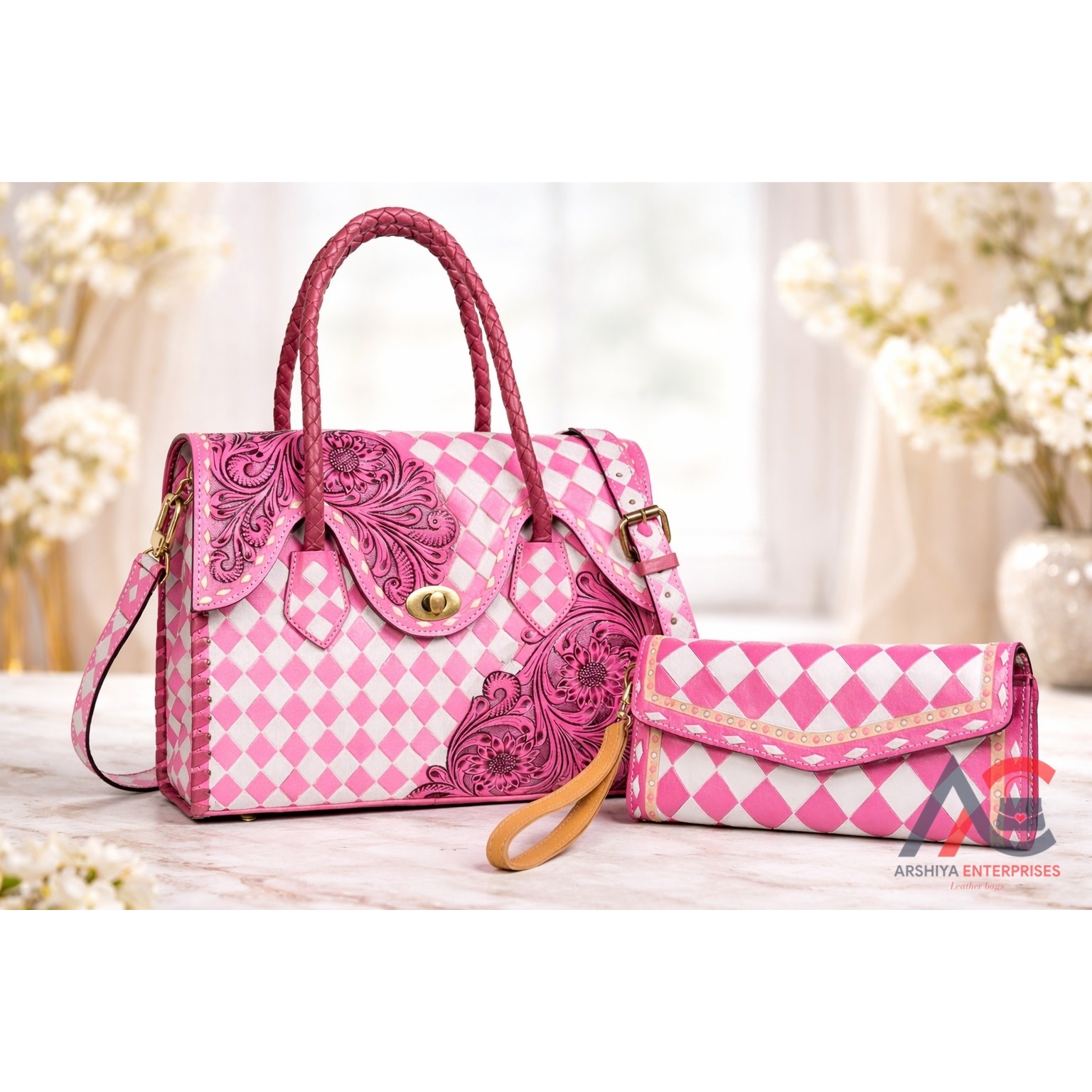 2026 Luxury New Pink &amp; White Checkered Leather Tote Bag &amp; Hand Tooled Cow Leather Wristlet Clutch Matching 2-Piece Combo Set