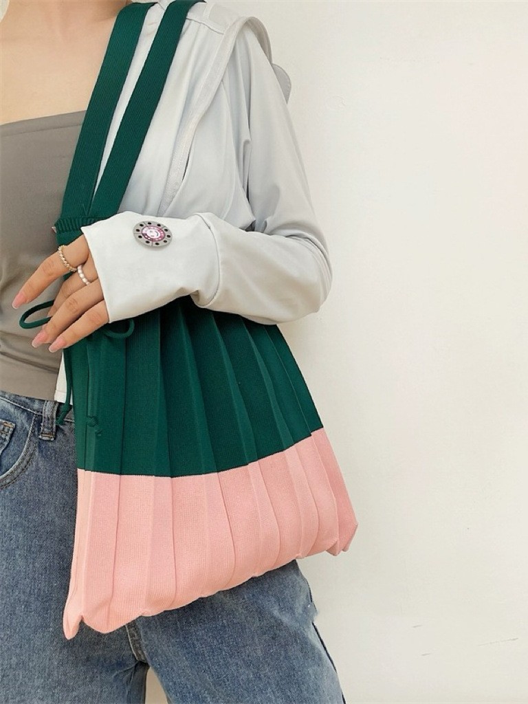 Large Capacity Aesthetic Geometric Diamond Pattern Shoulder Eco-friendly Reusable Knit Shopper Bag Pleated Handbag
