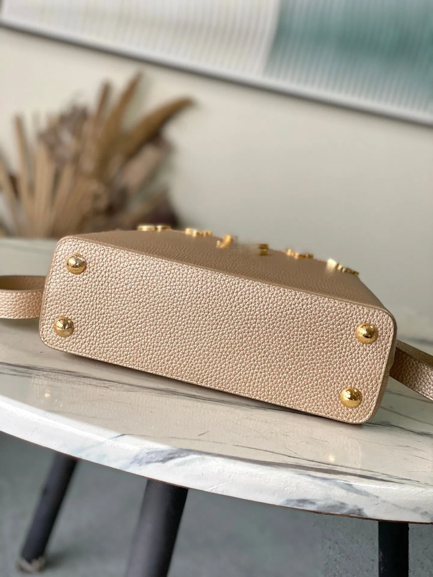 Champagne Gold Grain Leather Satchel Top Handle Crossbody Handbag for Women