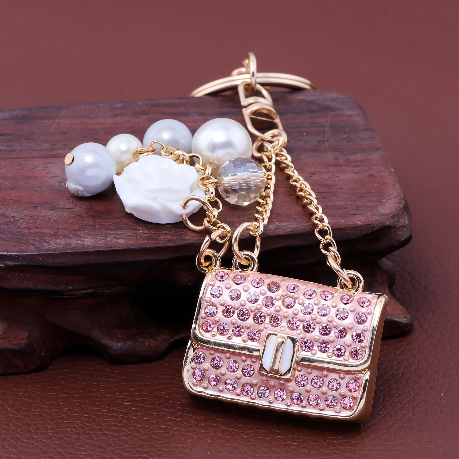 Fashion Crystal Bag Shape Flower Rhinestone Keychain for Women's Bags Pendants Decoration