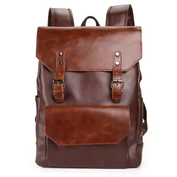 Vintage Vegan Leather Bags Men Luxury Backpack 14.5 Inch Laptop School Bags Female 25L Black PU