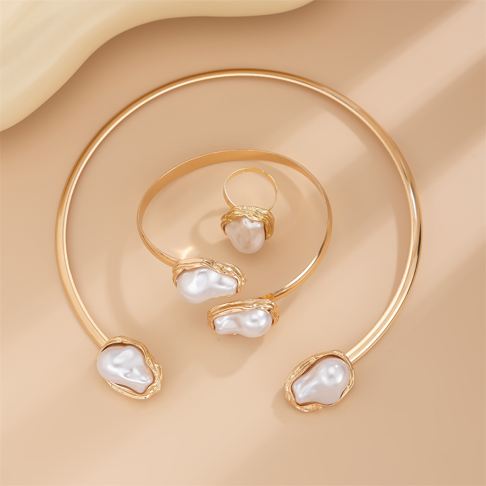 Baroque Irregular Imitated Pearl Necklace Bracelet Ring Set for Women Female Lady Open Collar Cuff Bracelet Accessories Jewelry