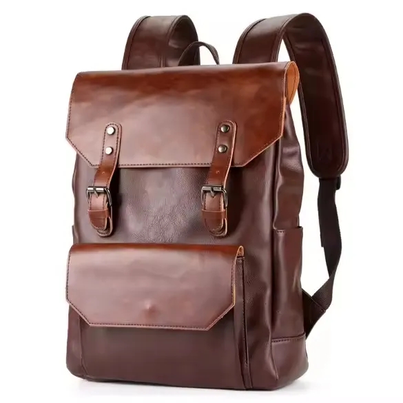 Vintage Vegan Leather Bags Men Luxury Backpack 14.5 Inch Laptop School Bags Female 25L Black PU