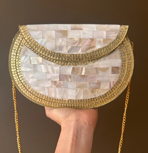 Authentic Luxury Mother of Pearl &amp; Brass Clutch Luxury Rock Dressy Purse for Party Antique Design Handbag &amp; Kit Fashion