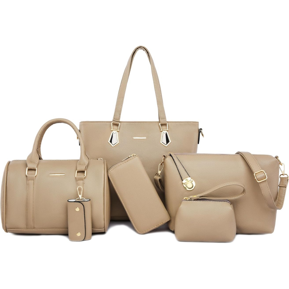 Luxury Genuine Cowhide Ladies Tote Purse Shoulder Bag Crossbody Clutch Wallet Makeup Pouch Key Case Full Set Stripe Durable