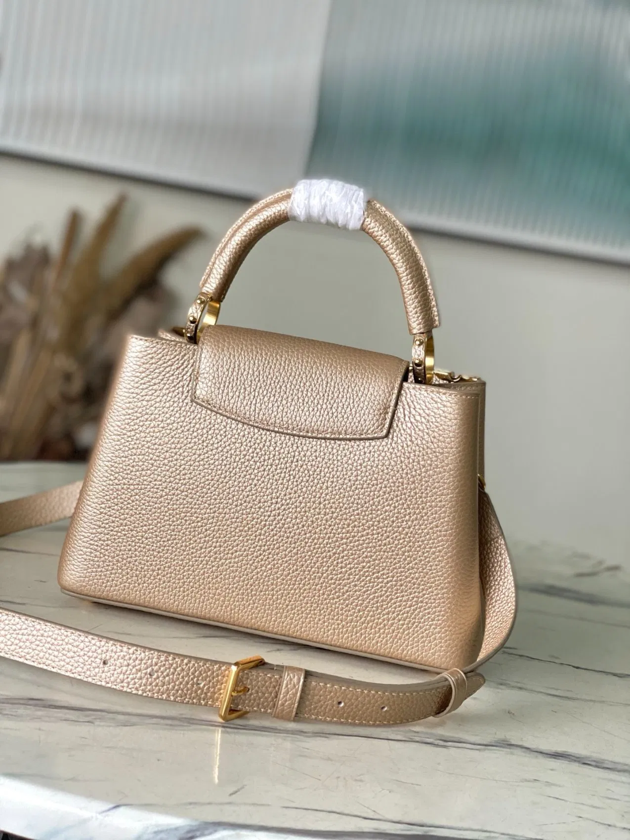 Champagne Gold Grain Leather Satchel Top Handle Crossbody Handbag for Women