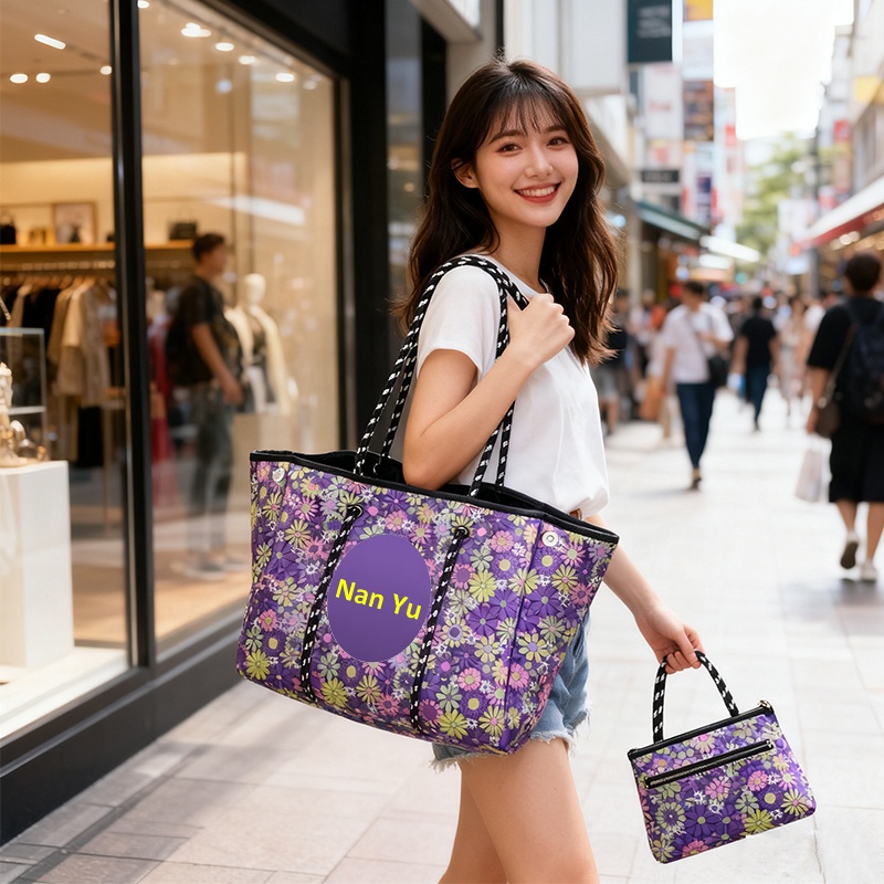 OEM Custom Sublimation Design Ladies Neoprene Weekender Travel Bag Luxury Handbag Girls Large Tote Bag Gift Bag with Two Straps