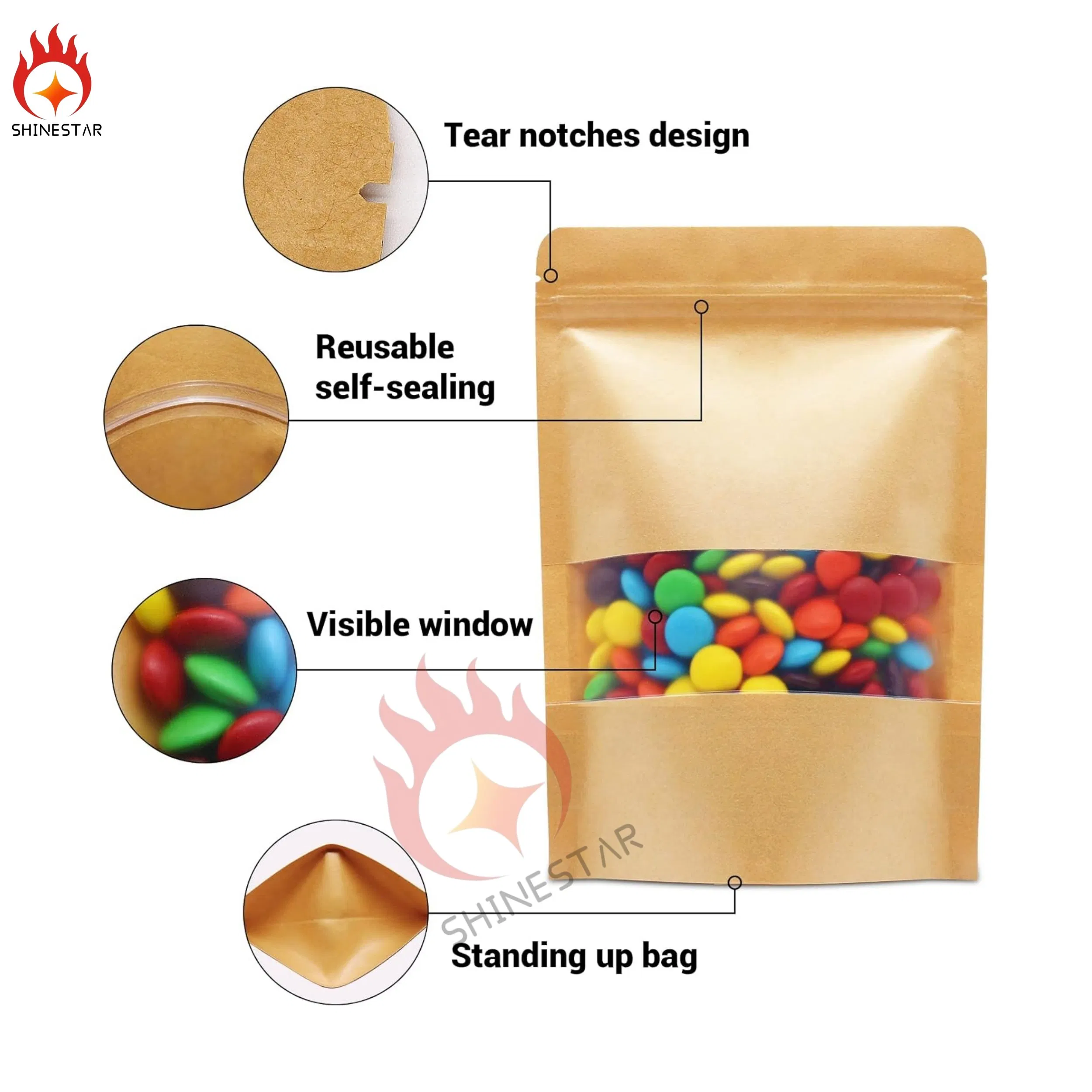 Professional Factory Custom Printed Small Medium Large Size Stand up Pouch Food Packaging Bag Kraft Paper Bag with Transparent Window for Small Business Supplie
