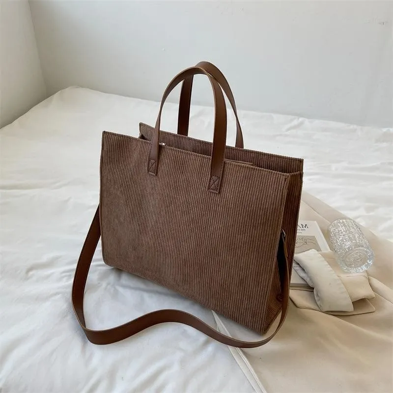 Corduroy Tote Bag with Work Essentials