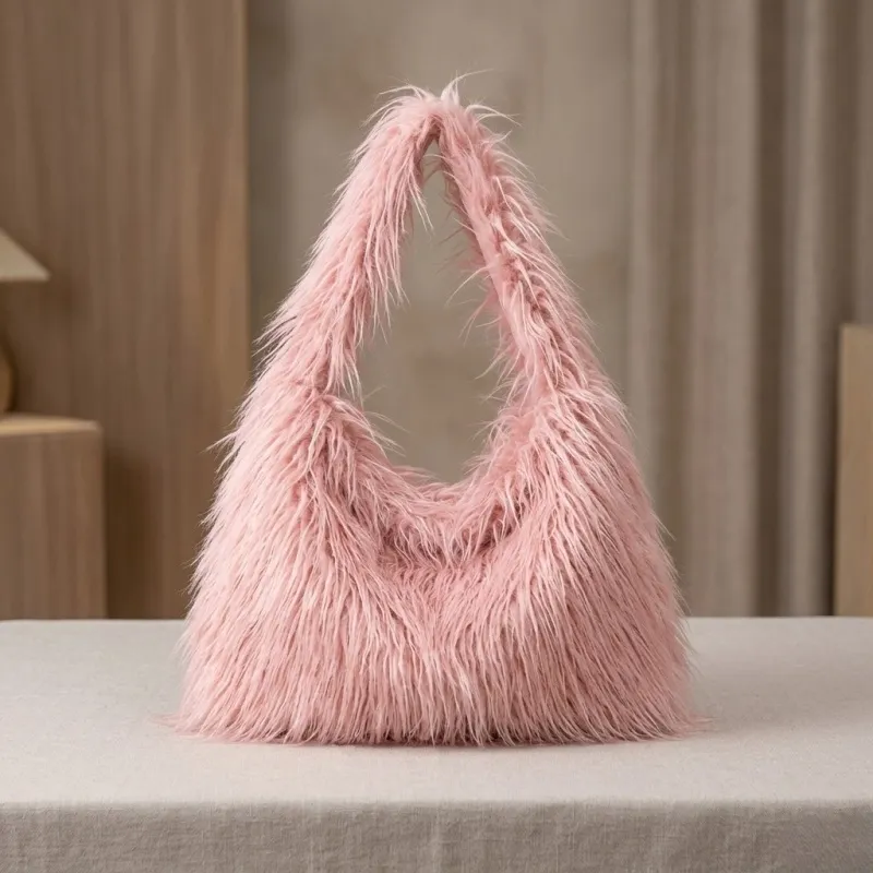 Women Soft Plush Pink Faux Sheep Fur Tote Bag for Winter Use