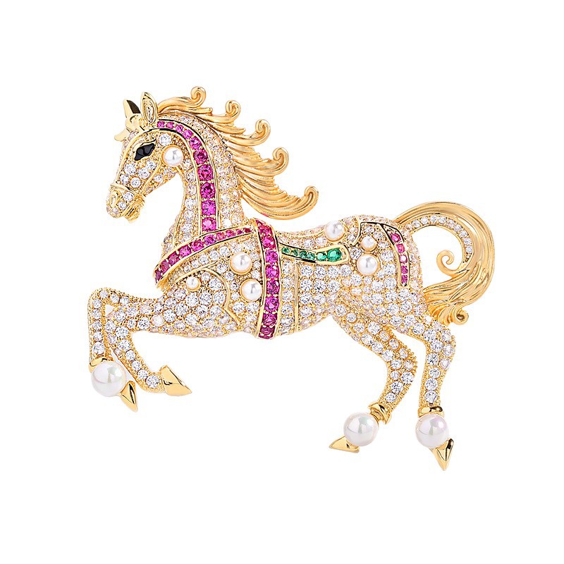 Fashion Entry Luxury Zodiac Horse Brooch Copper Gold Plated Zircon Bead Pin High-end Women's Clothing Accessories