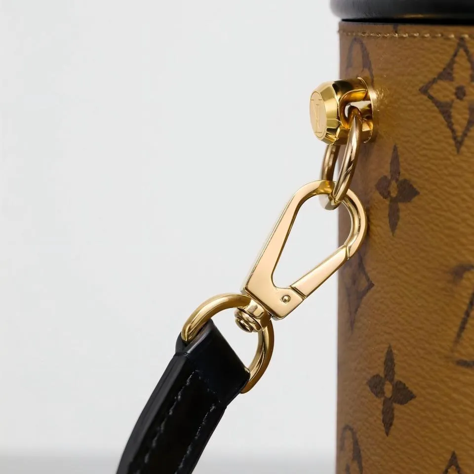Designer Inspired Brown Monogram Boite Chapeau Bag with Top Handle and Adjustable Shoulder Strap, Luxury Leather Cylinder Purse