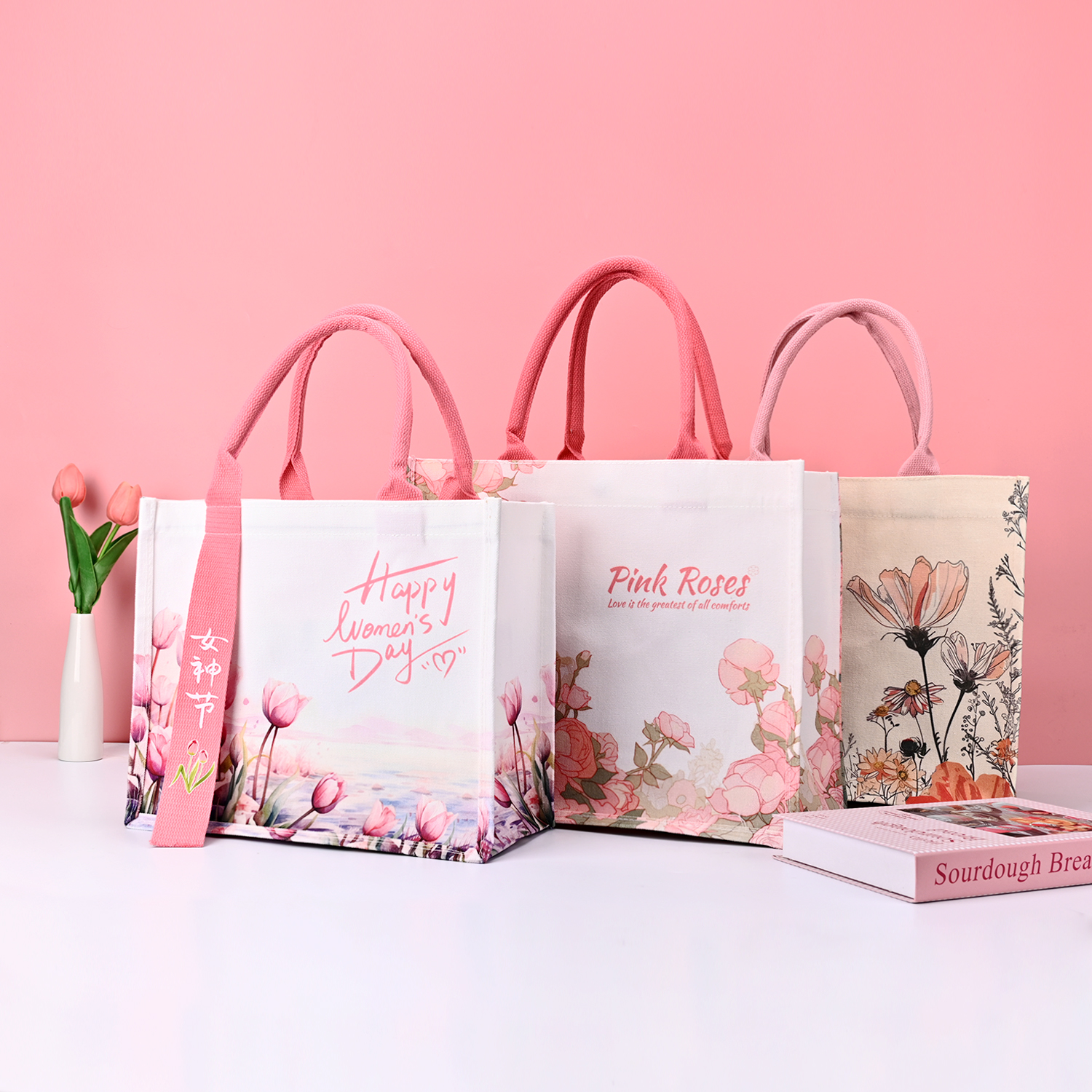 Reusable Customizable Canvas Tote Bag with Ribbon and Rope Handles Sustainable and Fashionable Shopping Bags for Women