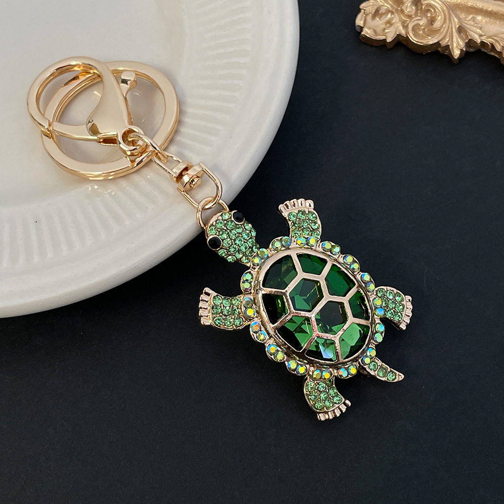 Women's Fashion Colorful Crystal Rhinestone Gold Metal Animal Cute Turtle Car Key Ring Charm Keychain Accessory Creative Gifts