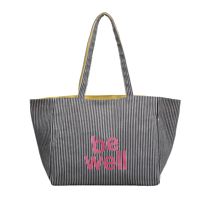 Customized Niche Design Ins Large Capacity Commuting Single Shoulder Female Student Striped Bag Canvas Shopping Bag