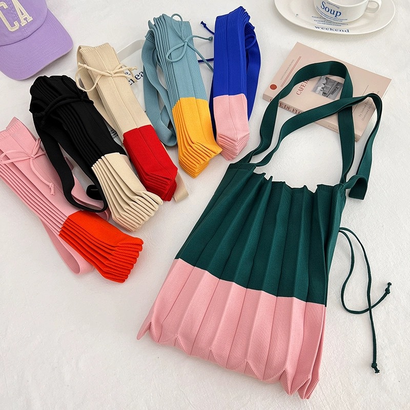 Large Capacity Aesthetic Geometric Diamond Pattern Shoulder Eco-friendly Reusable Knit Shopper Bag Pleated Handbag