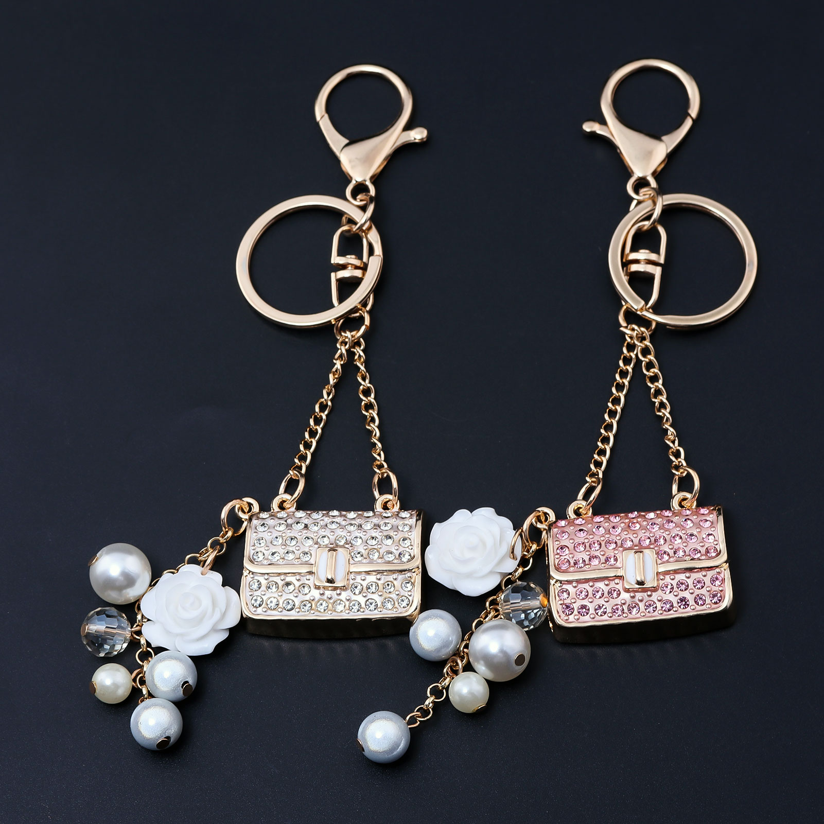 Fashion Crystal Bag Shape Flower Rhinestone Keychain for Women's Bags Pendants Decoration