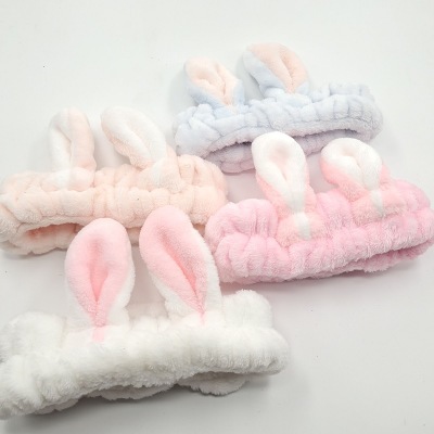 Women's Cute Rabbit Ears Coral Fleece Plush Comfortable Soft Fashion Hairband with Elastic Spa Headband for Shower Washing Face