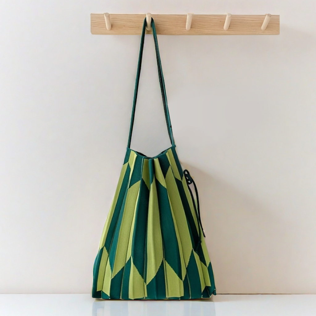 Large Capacity Aesthetic Geometric Diamond Pattern Shoulder Eco-friendly Reusable Knit Shopper Bag Pleated Handbag