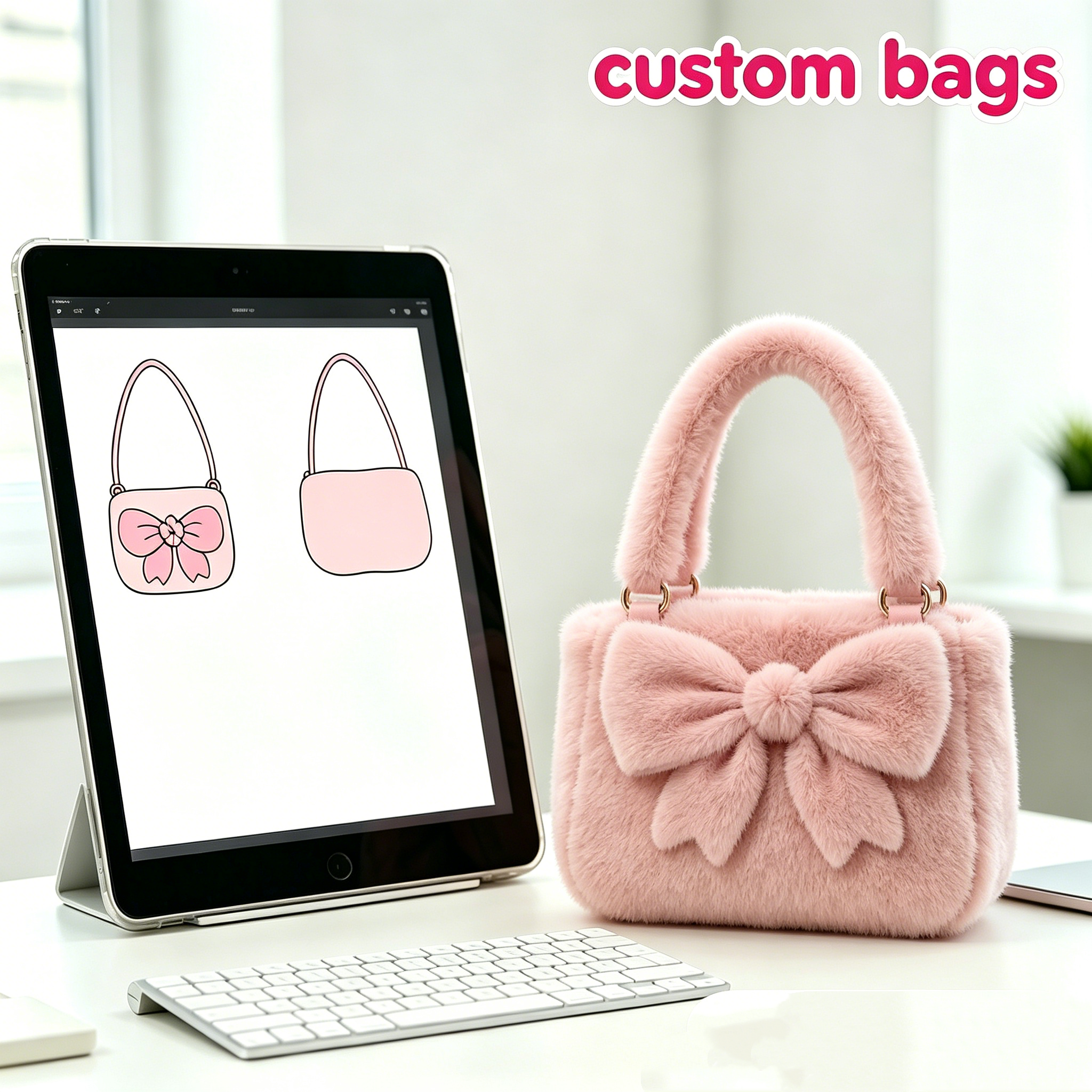 Custom Fluffy Bucket Bag OEM ODM Low MOQ Plush Handbag with Bow for Daily Use