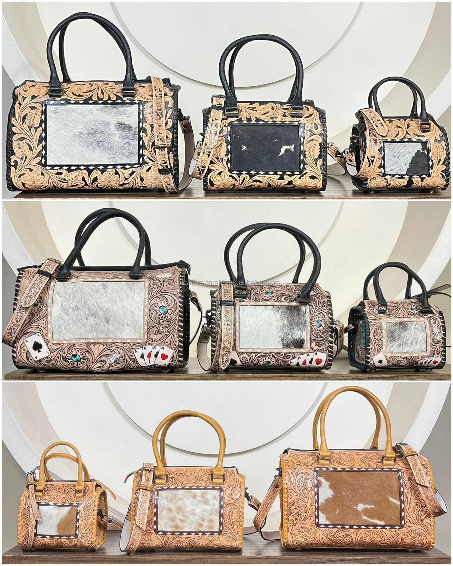 New Western Hand Tooled Leather Large Speedy Bag Set Cowhide Hair On Women's Fashion Handbag Crossbody Custom Travel Duffel Bag