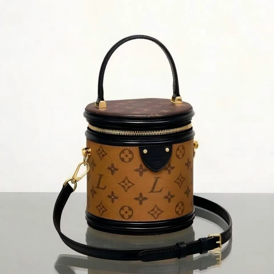Designer Inspired Brown Monogram Boite Chapeau Bag with Top Handle and Adjustable Shoulder Strap, Luxury Leather Cylinder Purse